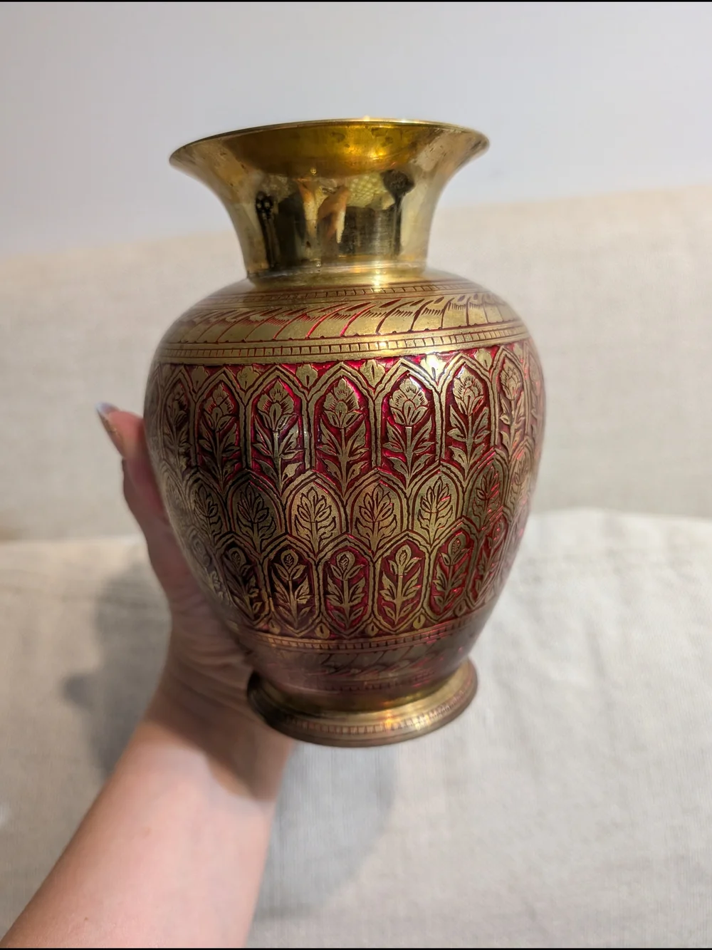 Brass Decorative Vase with Red Patina Accent Vintage Indian Home Accents